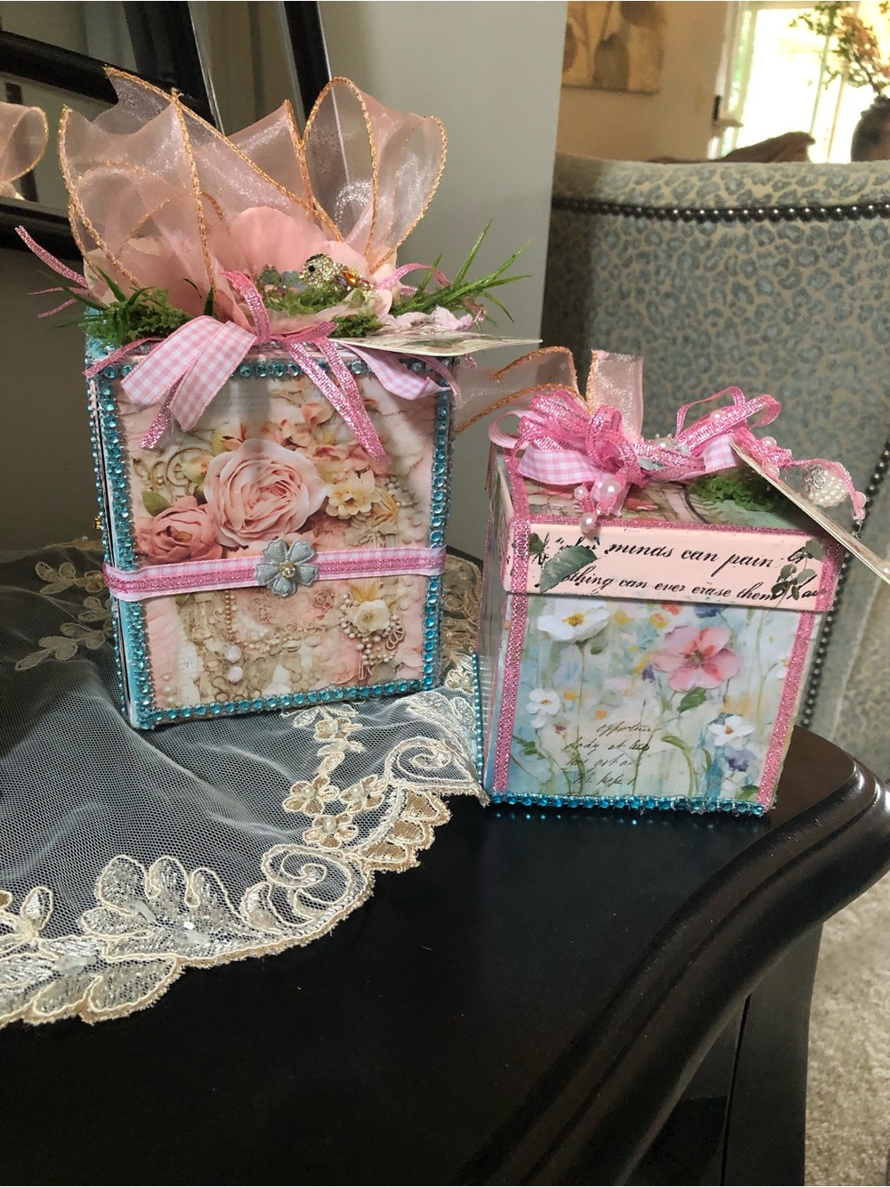 Hand Crafted Pink Floral Decor Gift Boxes with Blue Trim - Picture 13 of 14
